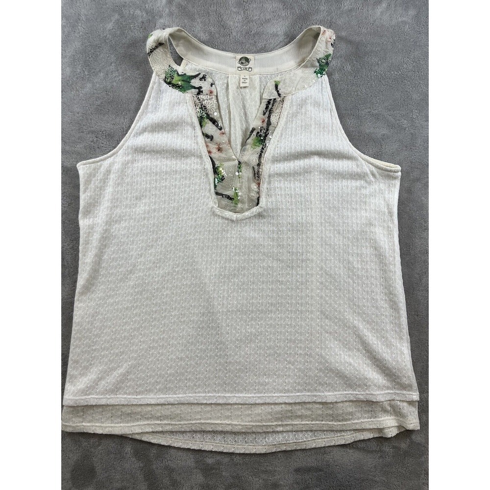 Anthropologie Tiny Brand Tank Top Sz L Cassia Ivory Navy Pink Sequin Trim Knit‎ - Picture 2 of 7
